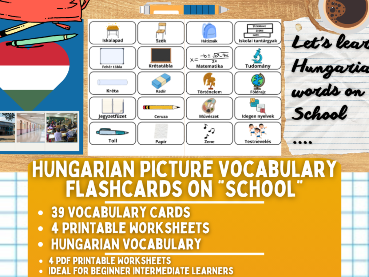 An educational teaching resource from Learning with Alan entitled Hungarian Picture Vocabulary Flashcards - School downloadable at Teach Simple.