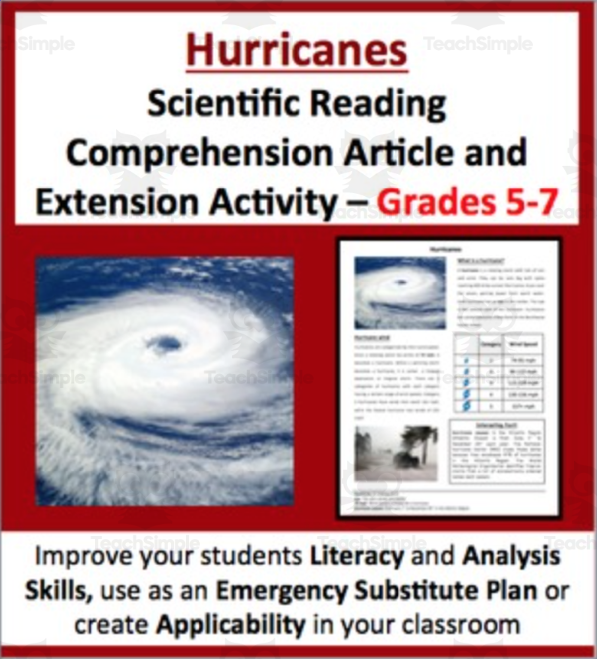 An educational teaching resource from Teach With Fergy entitled Hurricanes - Digital Scientific Reading Comprehension Article – Grades 5-7 downloadable at Teach Simple.