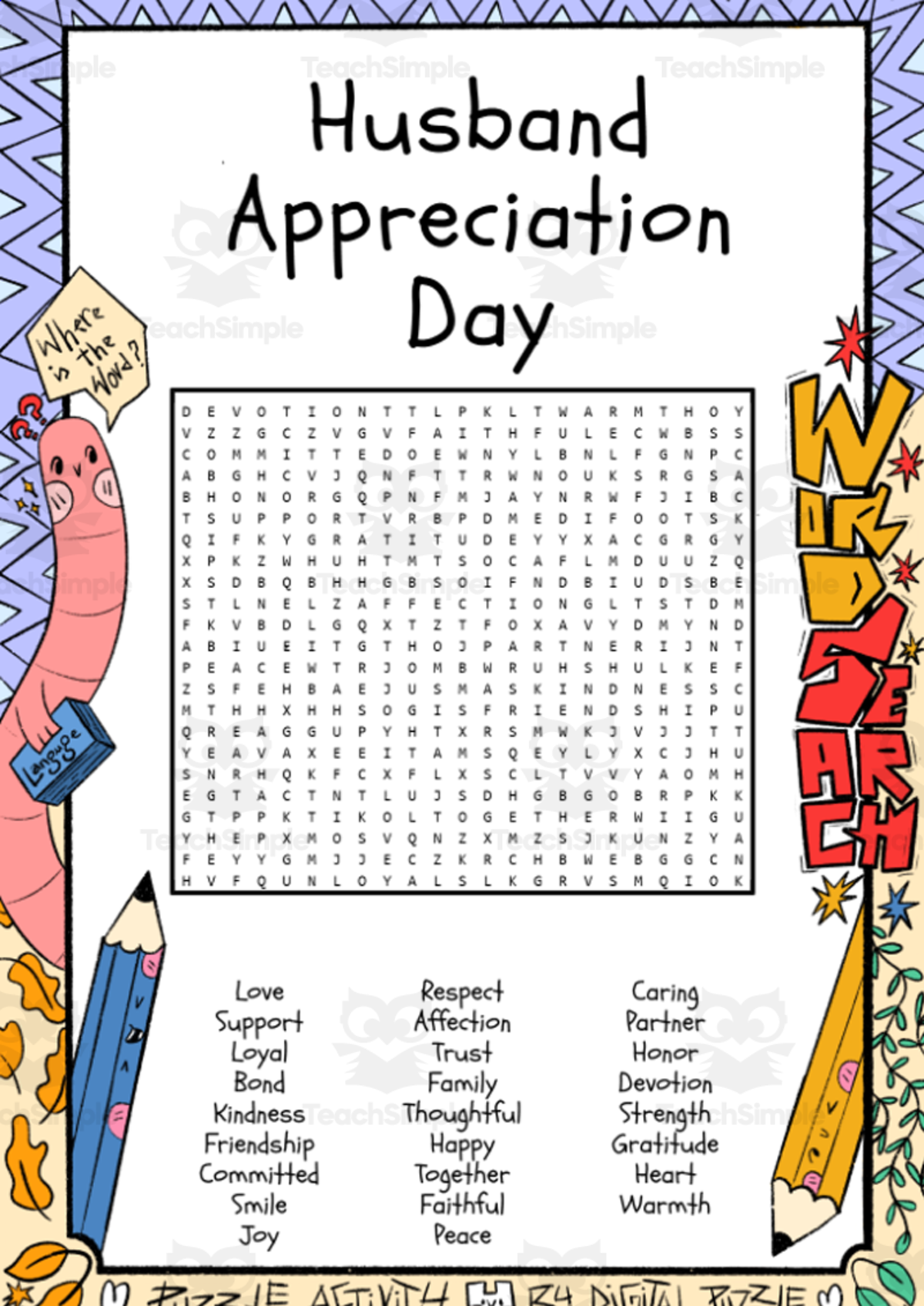 An educational teaching resource from Lapiiin Art Activities entitled Husband Appreciation Day word search puzzle worksheet activity downloadable at Teach Simple.