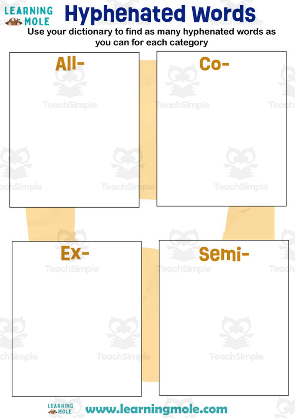 An educational teaching resource from Educational Voice entitled Hyphenated Words Activity downloadable at Teach Simple.