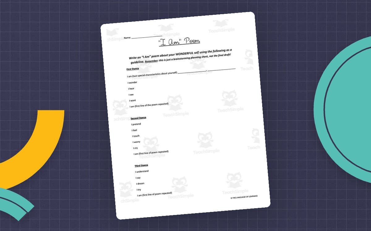 An educational teaching resource from The Language of Learning entitled "I Am" Poem Writing Template downloadable at Teach Simple.