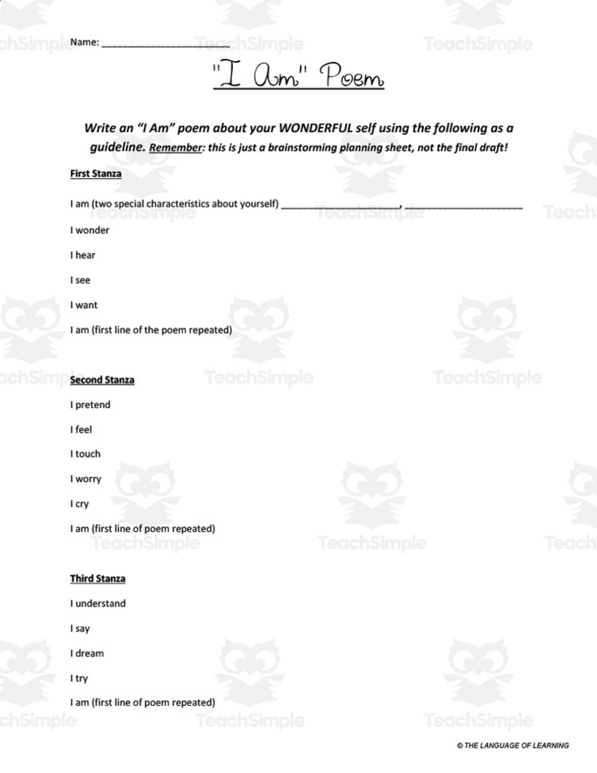 An educational teaching resource from The Language of Learning entitled "I Am" Poem Writing Template downloadable at Teach Simple.