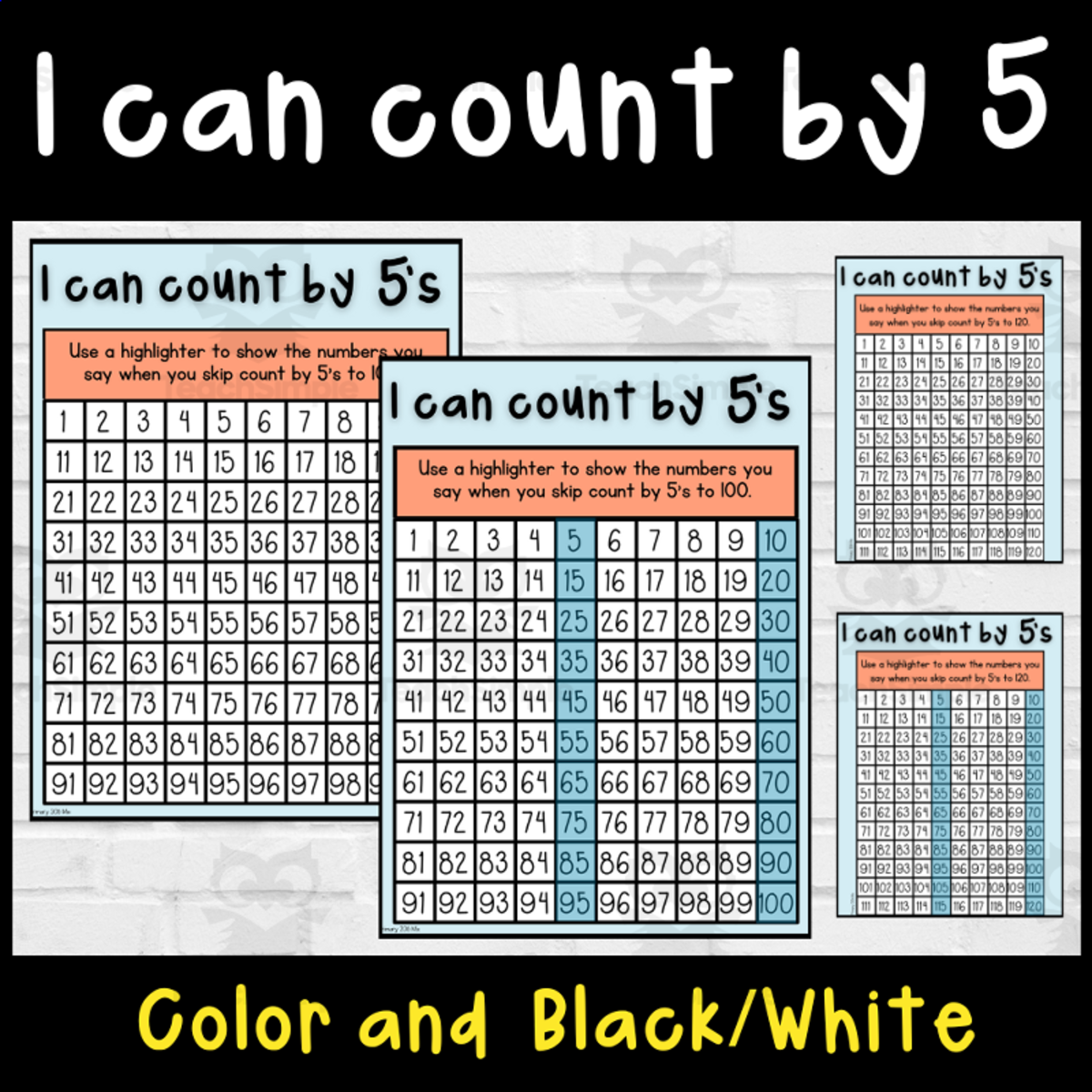 An educational teaching resource from Primary 206 Mix entitled I can count by 5's to 100 and 120 on a hundreds chart downloadable at Teach Simple.