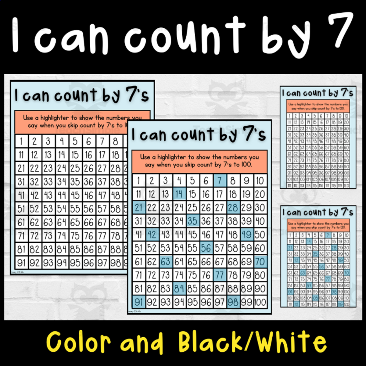 An educational teaching resource from Primary 206 Mix entitled I can count by 7's to 100 or 120 downloadable at Teach Simple.