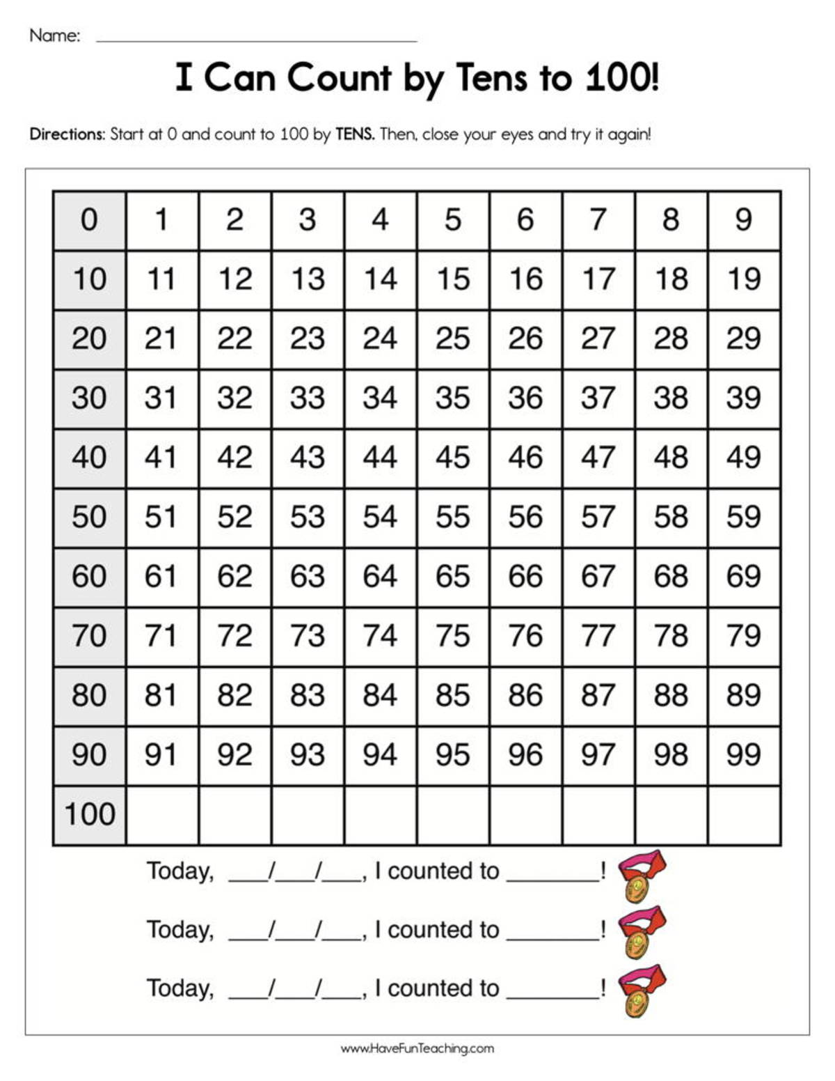 An educational teaching resource from Have Fun Teaching entitled I Can Count By Tens to 100 Worksheet downloadable at Teach Simple.