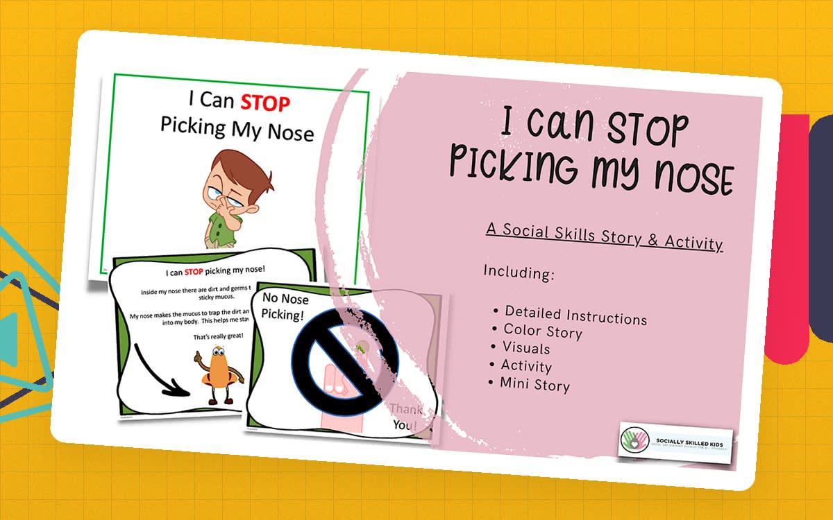 An educational teaching resource from Socially Skilled Kids entitled I Can Stop Picking My Nose, Social Skills Story, Visuals and Activity, Version 2 downloadable at Teach Simple.