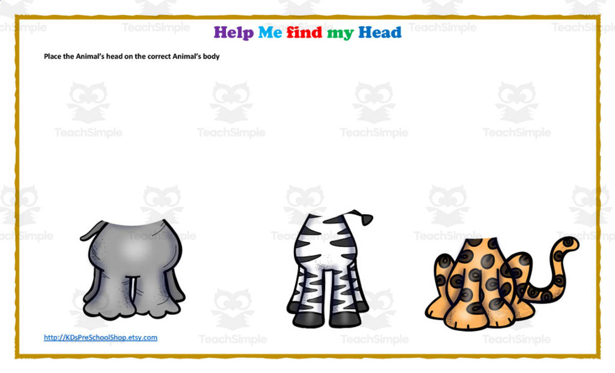 An educational teaching resource from KD's Kids School Shop entitled I Can't Find My Head | Animal Discrimination Activity downloadable at Teach Simple.
