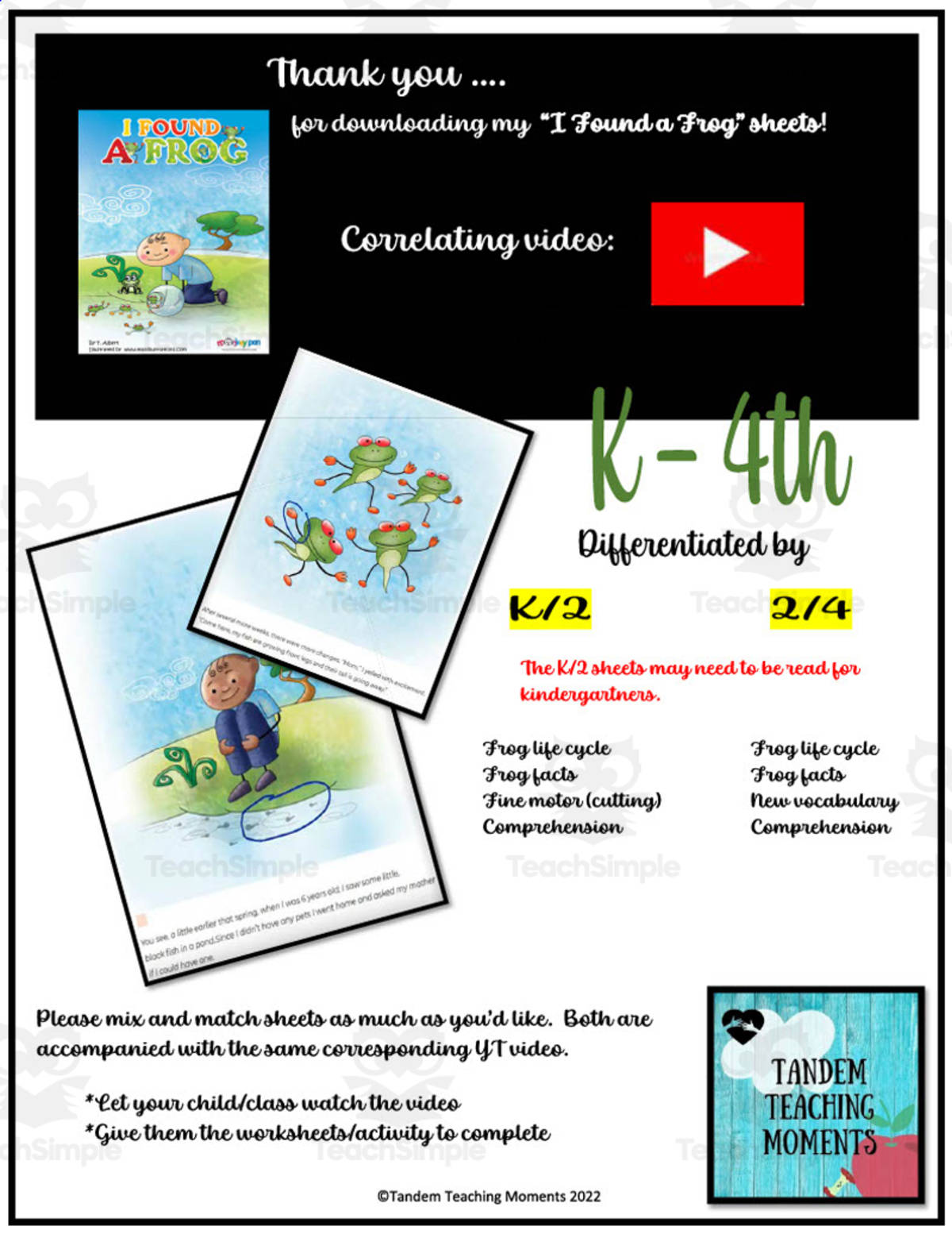 An educational teaching resource from Tandem Teaching Moments entitled "I Found a Frog" Worksheet Packet downloadable at Teach Simple.