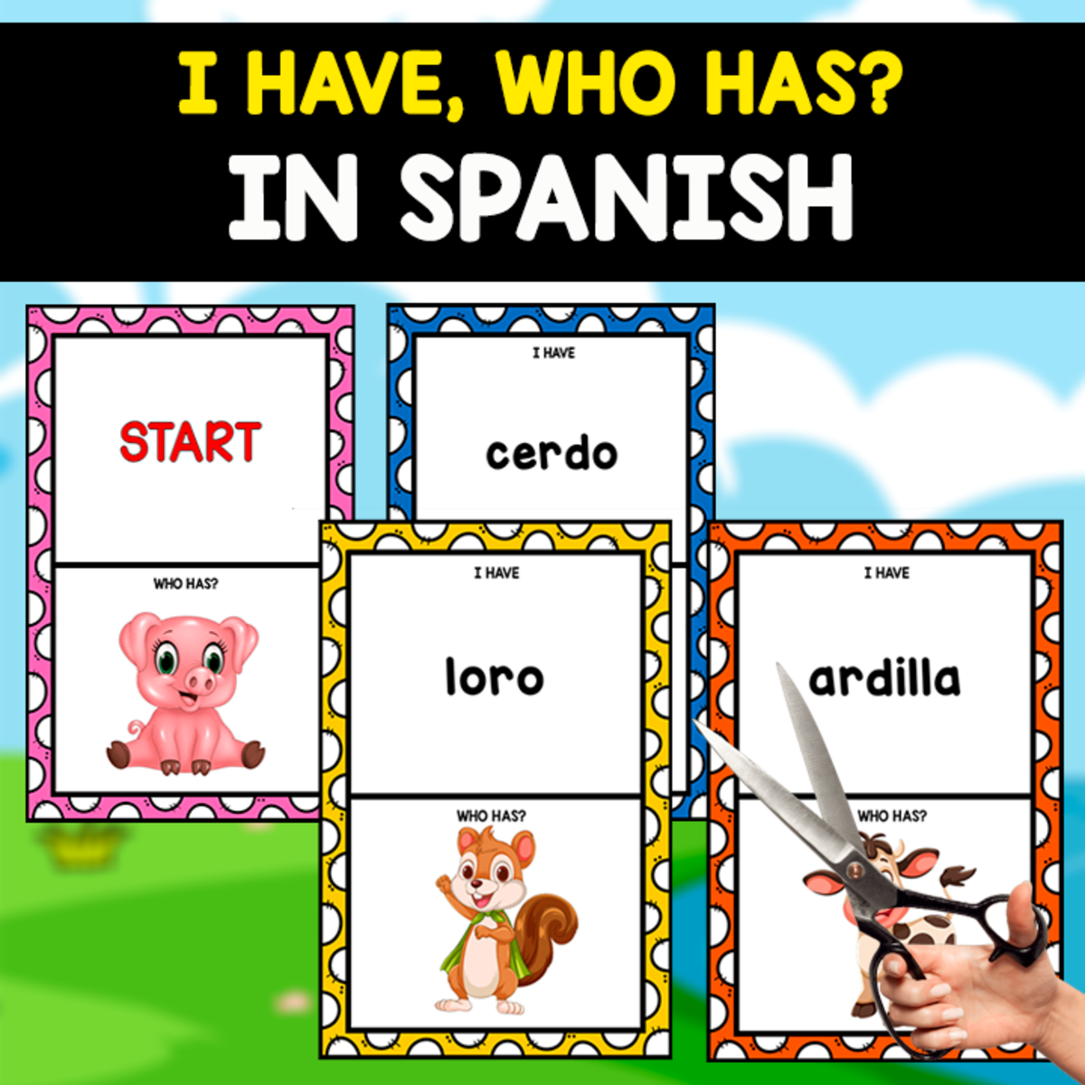 An educational teaching resource from EDITORIAL LAURA EDUCA entitled I HAVE,WHO HAS? FREE GAME | ANIMALS IN SPANISH downloadable at Teach Simple.