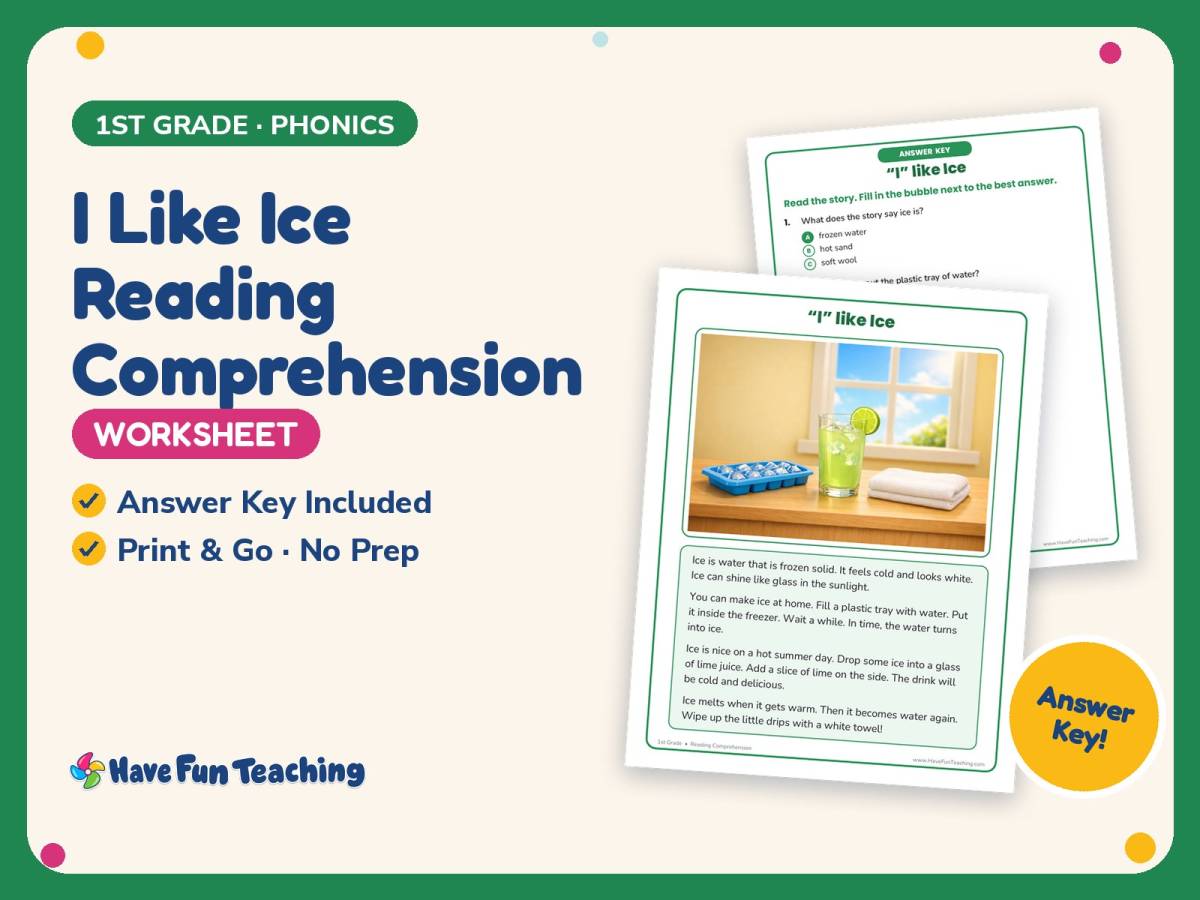 I Like Ice Reading Comprehension Worksheet – 1st Grade Long Vowels by ...