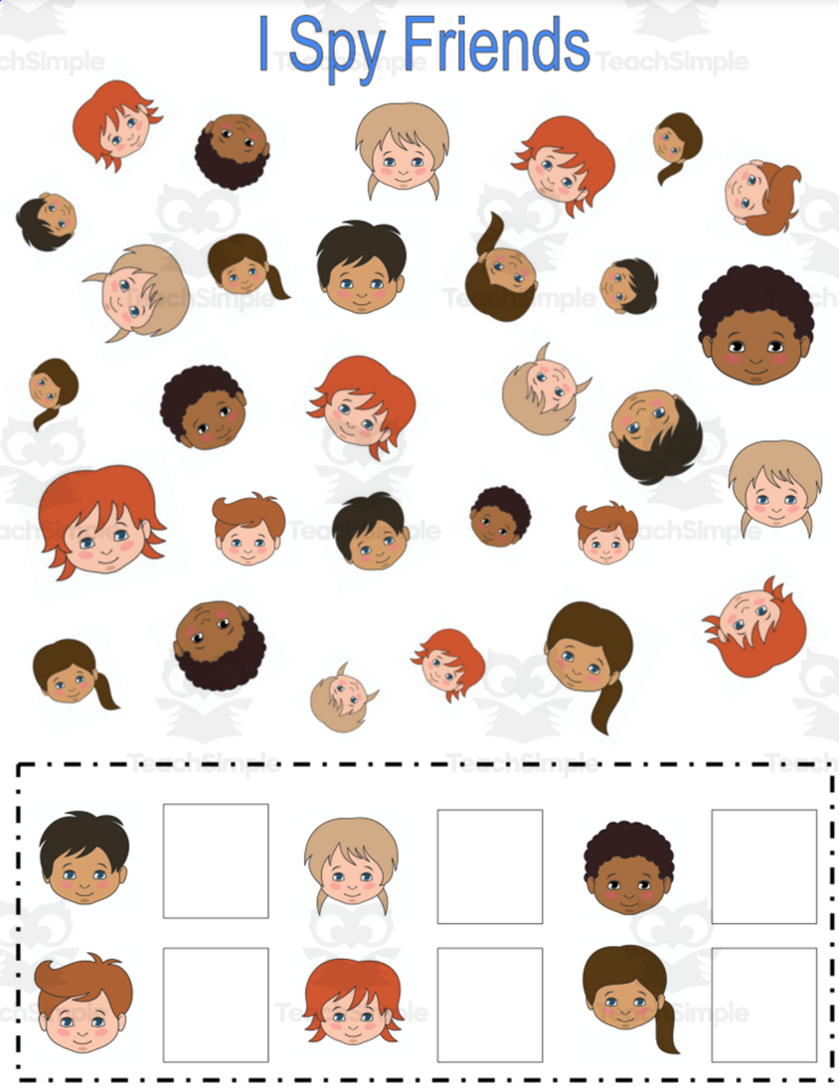 An educational teaching resource from Jennifer Moyer Taylor entitled I Spy Friends! An SEL I Spy Activity downloadable at Teach Simple.