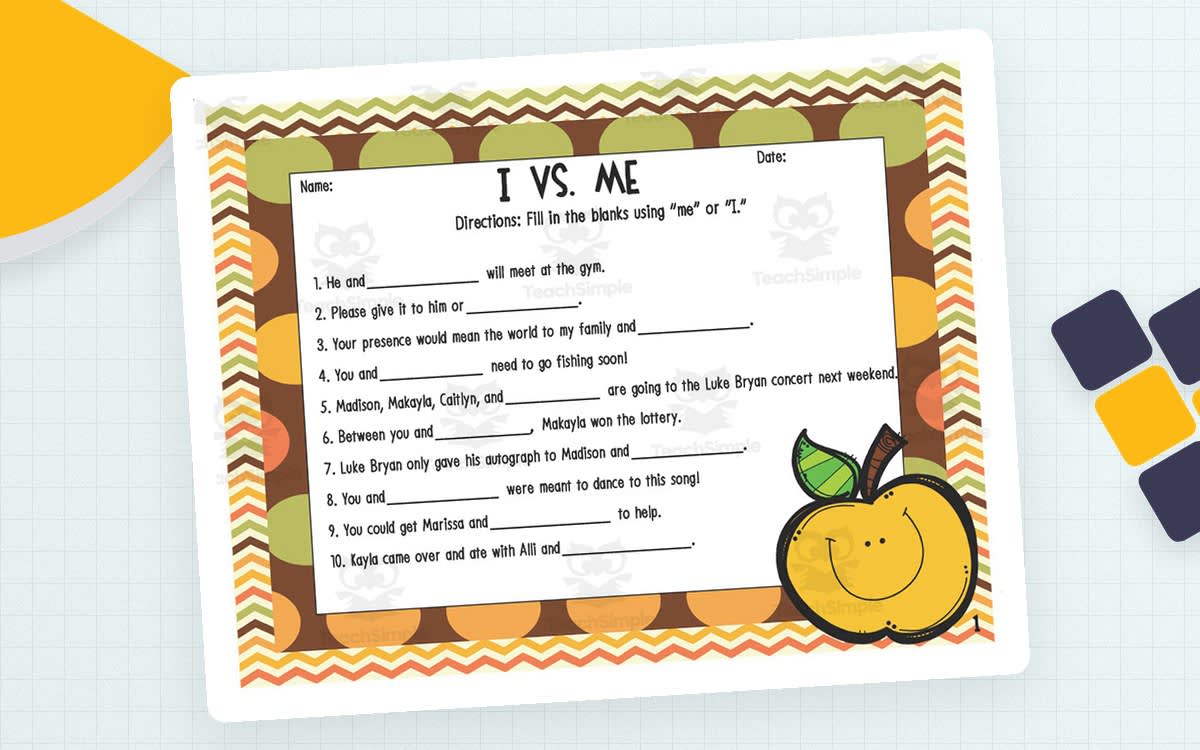 An educational teaching resource from Sarah Miller Tech entitled I vs. Me Worksheets downloadable at Teach Simple.