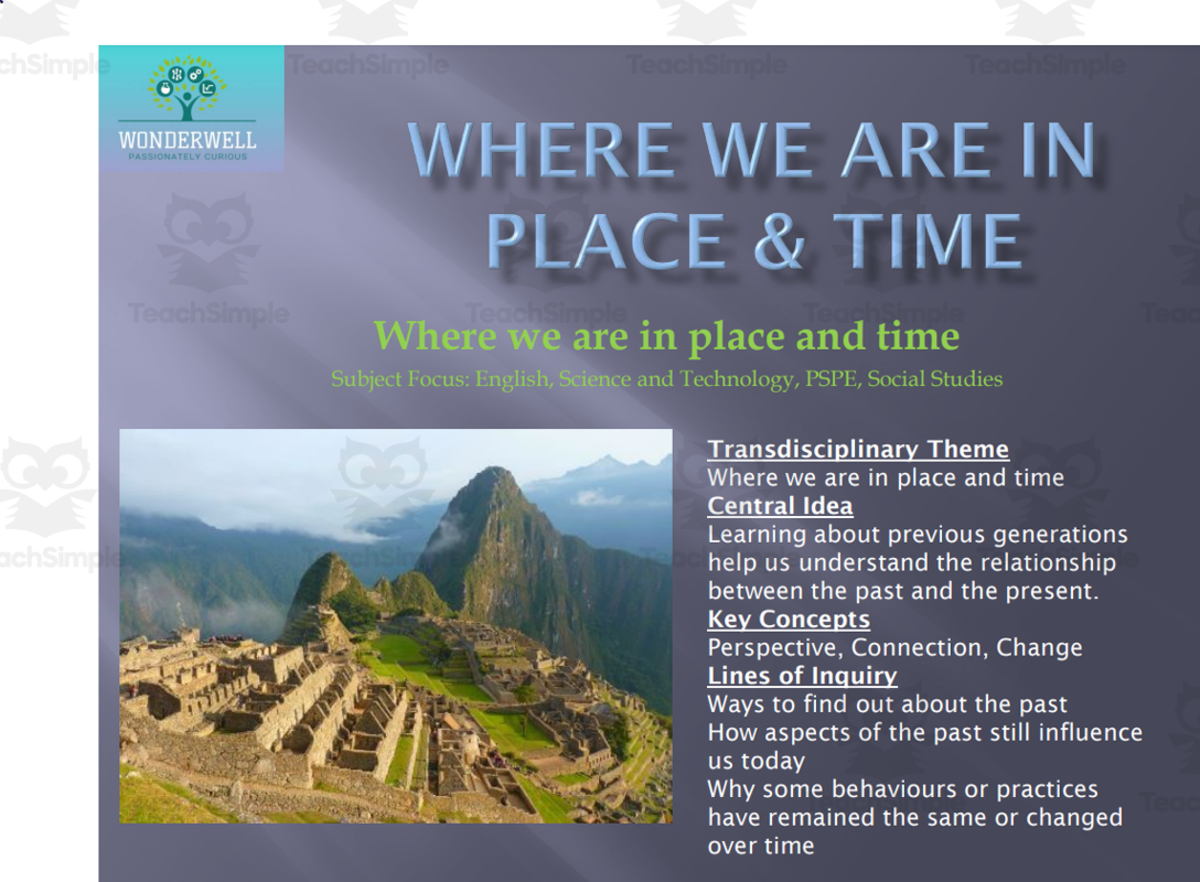 An educational teaching resource from WonderWellPYP entitled IB PYP - WHERE WE ARE IN PLACE AND TIME - PLANNER & RESOURCES downloadable at Teach Simple.