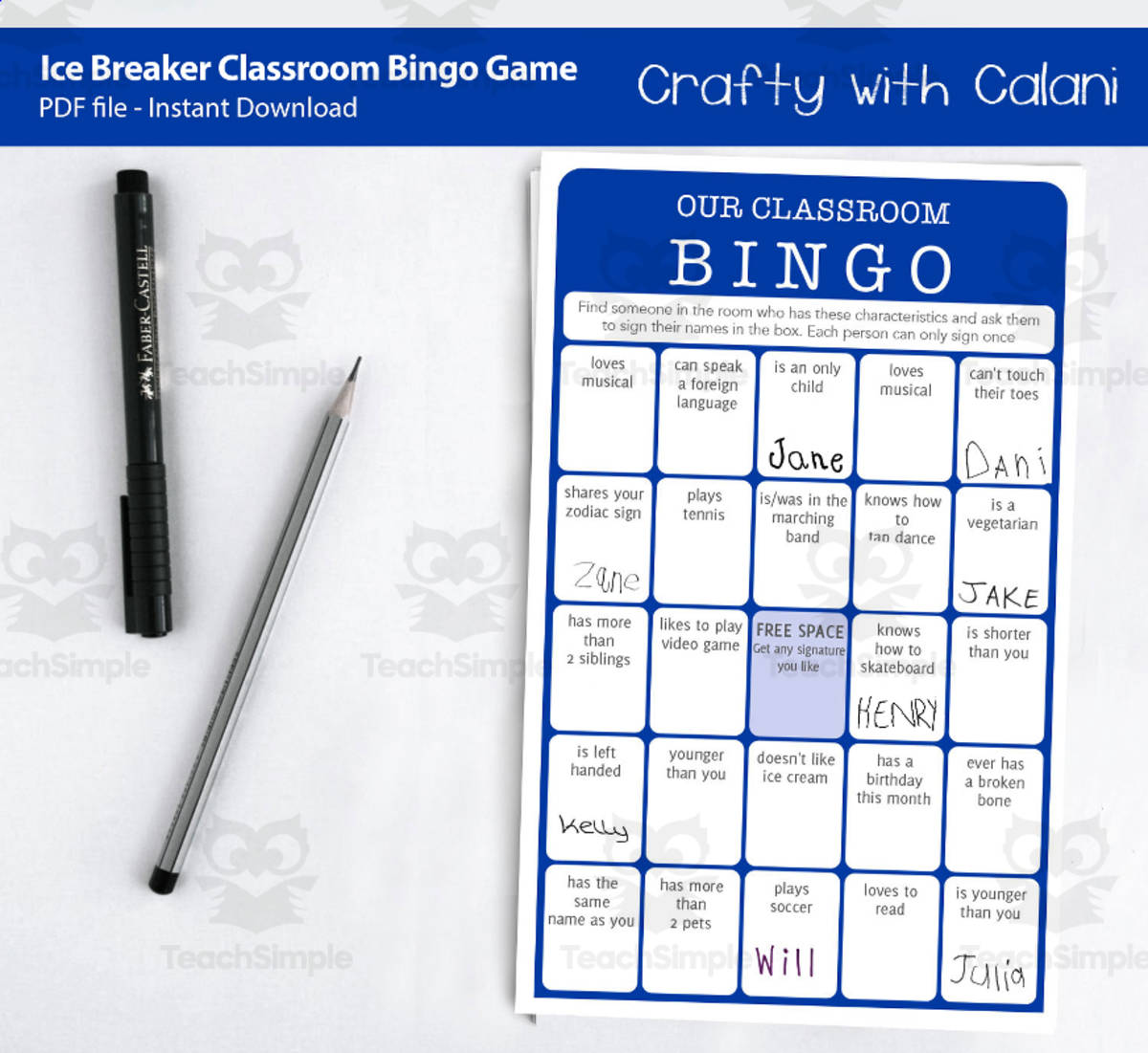 An educational teaching resource from Crafty with Calani entitled Ice Breaker Classroom Bingo Game downloadable at Teach Simple.