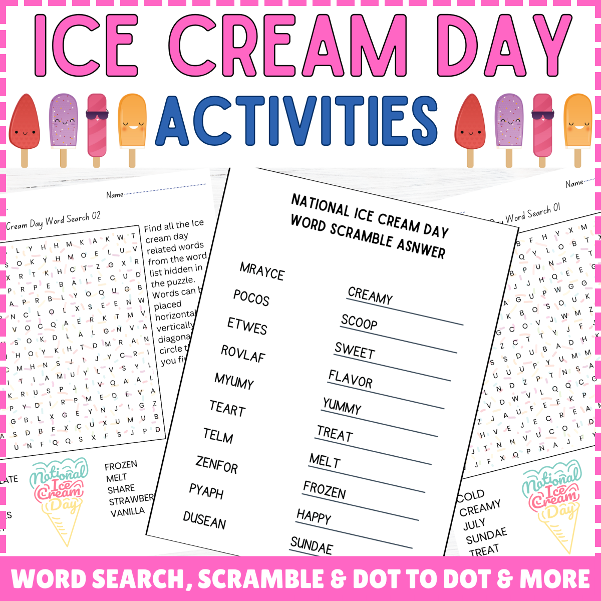 An educational teaching resource from Perfect_Printables entitled Ice cream day activities: word search, scramble, dot to dot, matching downloadable at Teach Simple.