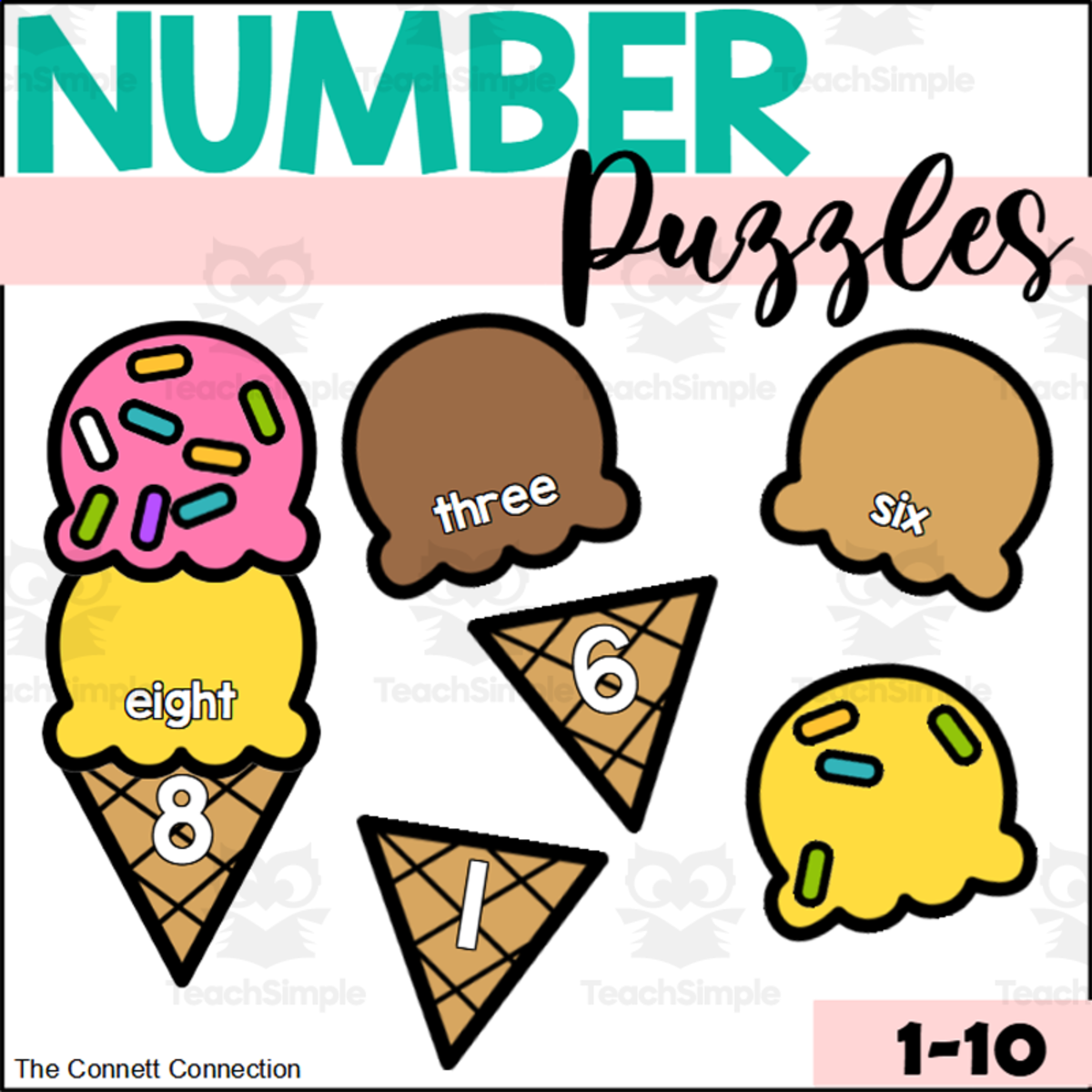 An educational teaching resource from The Connett Connection entitled Ice Cream Number Puzzles 1-10 downloadable at Teach Simple.