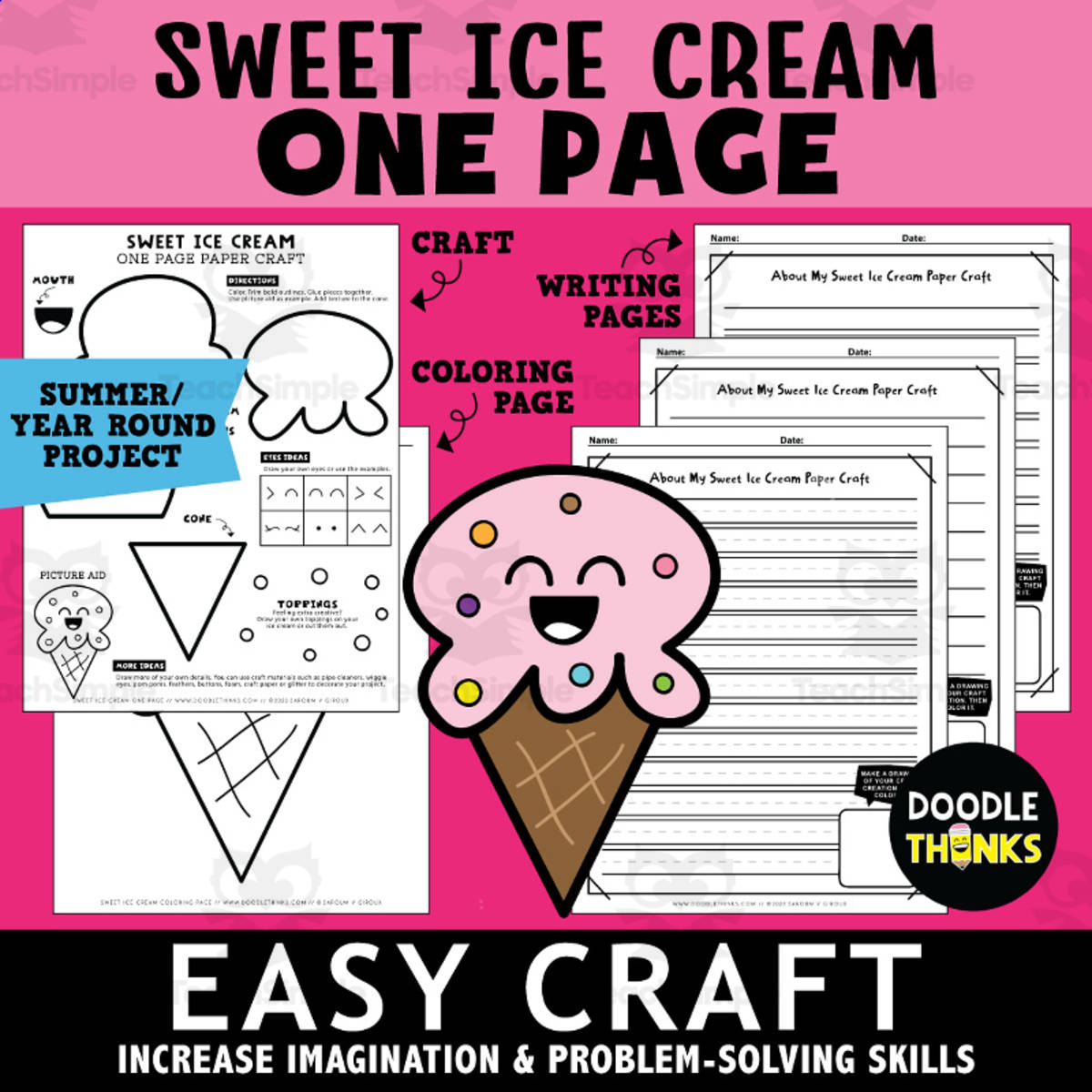 An educational teaching resource from Doodle Thinks entitled Ice Cream Paper Craft | Easy One-Page Art Project for Summer Theme downloadable at Teach Simple.