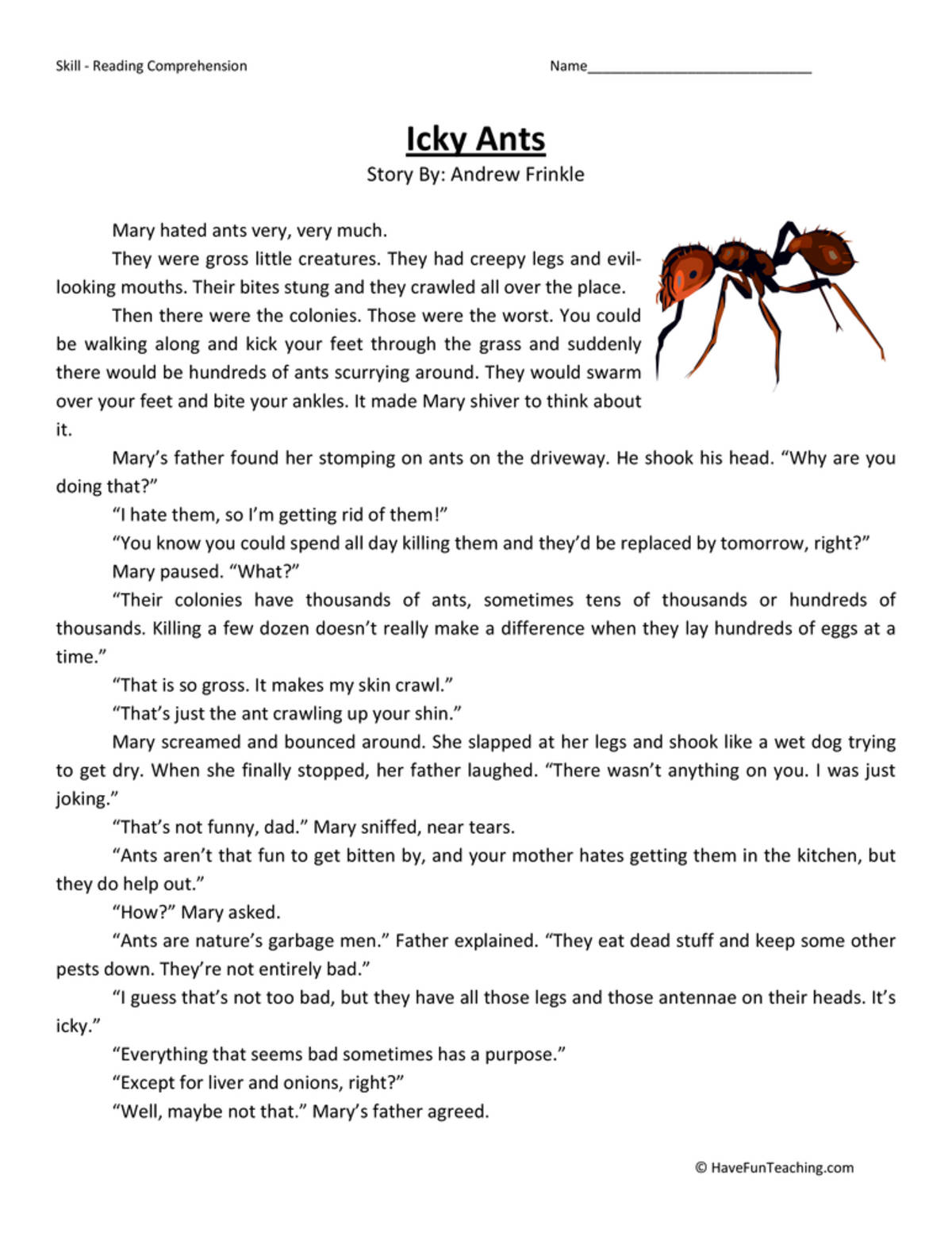 An educational teaching resource from Have Fun Teaching entitled Icky Ants Reading Comprehension Worksheet downloadable at Teach Simple.