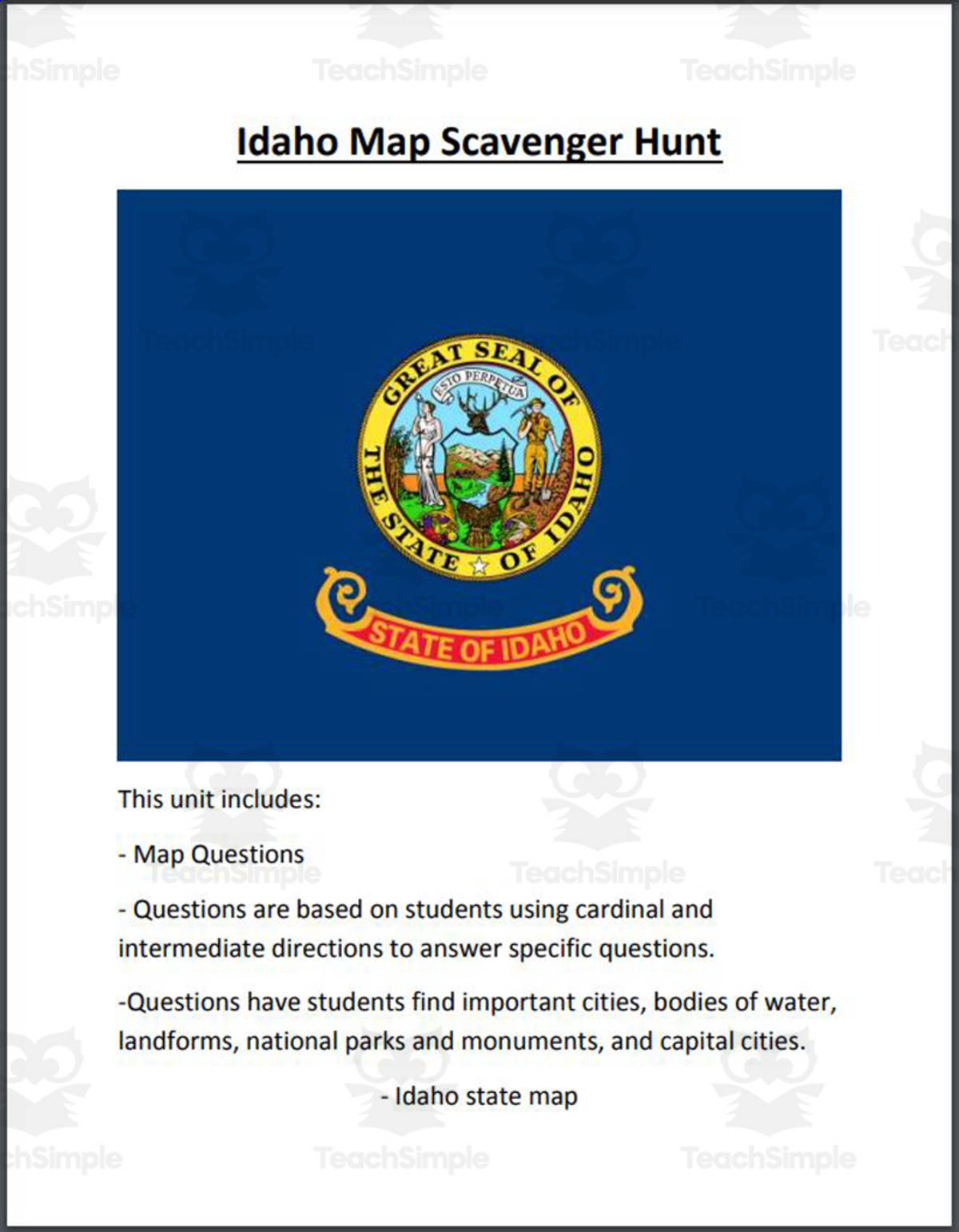 An educational teaching resource from Mr. Matthews Teacher Store entitled Idaho Map Scavenger Hunt downloadable at Teach Simple.