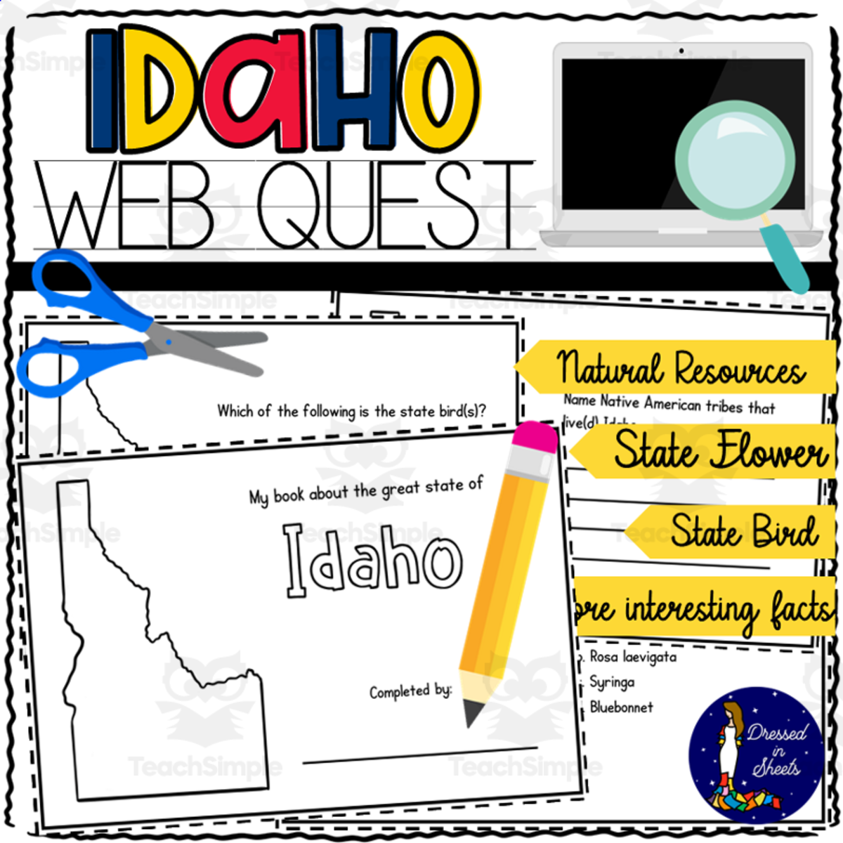An educational teaching resource from Soumara Siddiqui entitled Idaho WebQuest Printable Book downloadable at Teach Simple.