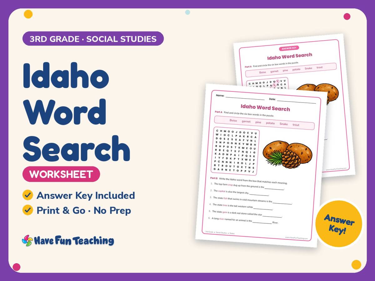 Idaho Word Search Worksheet – 3rd Grade States Practice + Answer Key preview