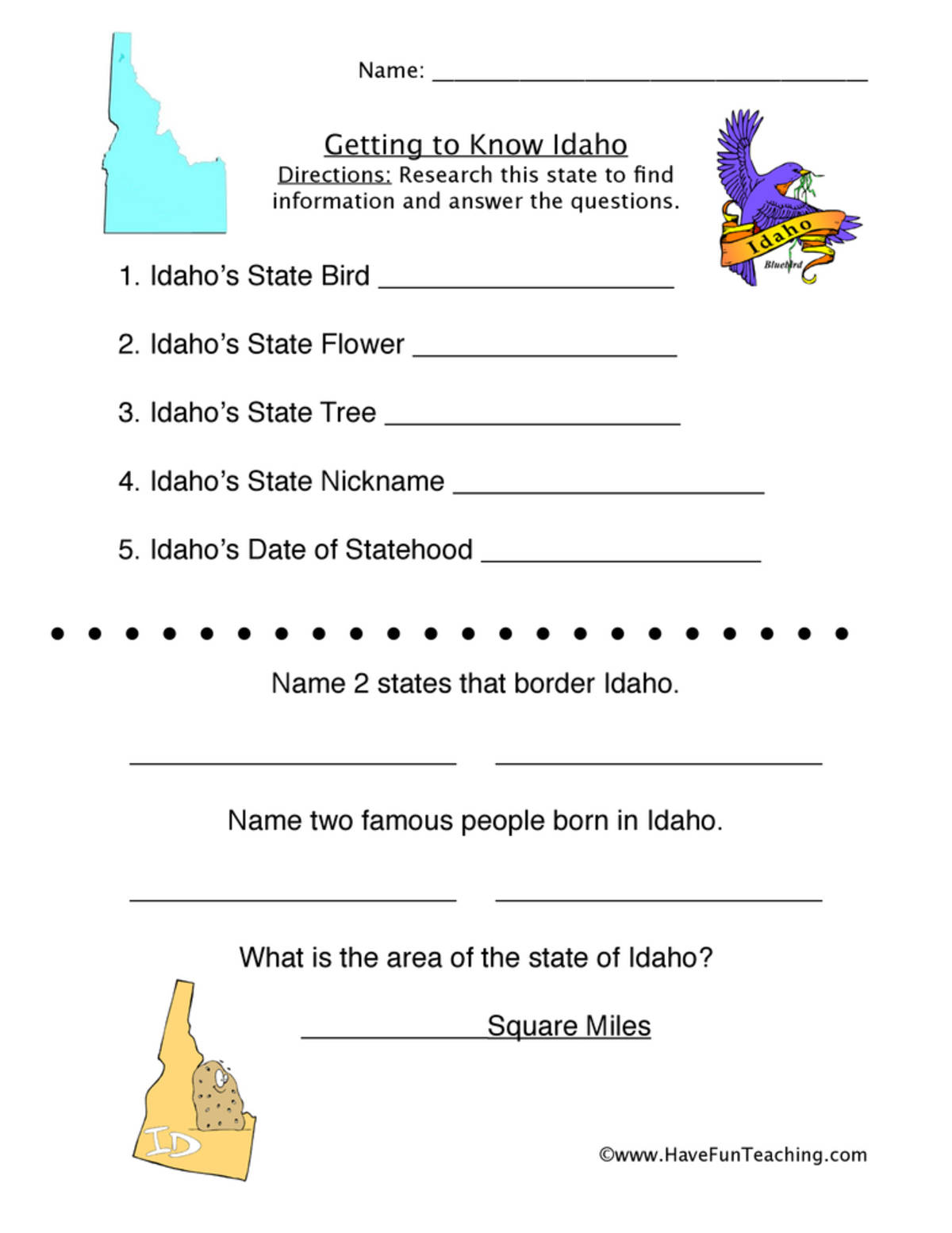 An educational teaching resource from Have Fun Teaching entitled Idaho Worksheet downloadable at Teach Simple.