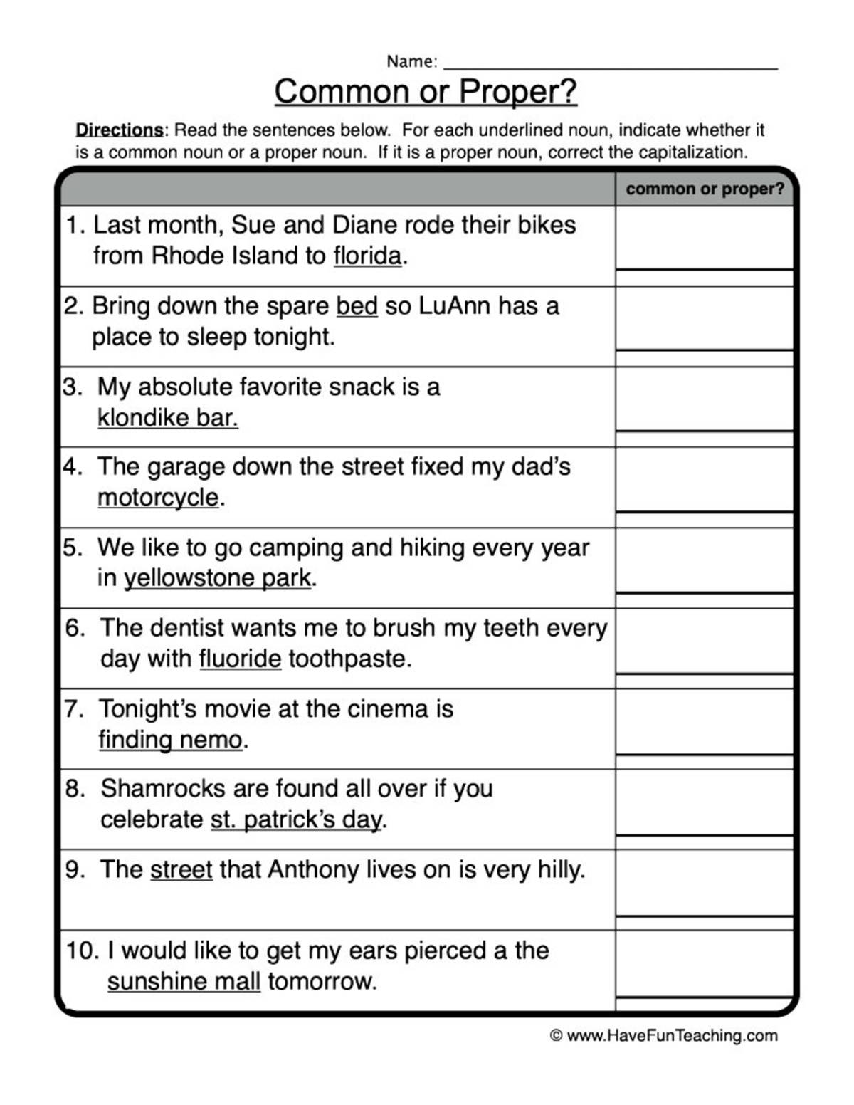 An educational teaching resource from Have Fun Teaching entitled Identify Common or Proper Nouns Worksheet downloadable at Teach Simple.