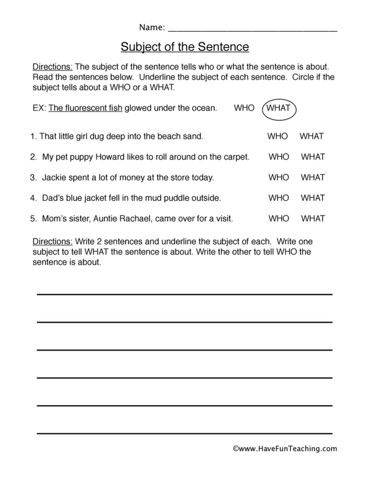 An educational teaching resource from Have Fun Teaching entitled Identify Subject Worksheet downloadable at Teach Simple.