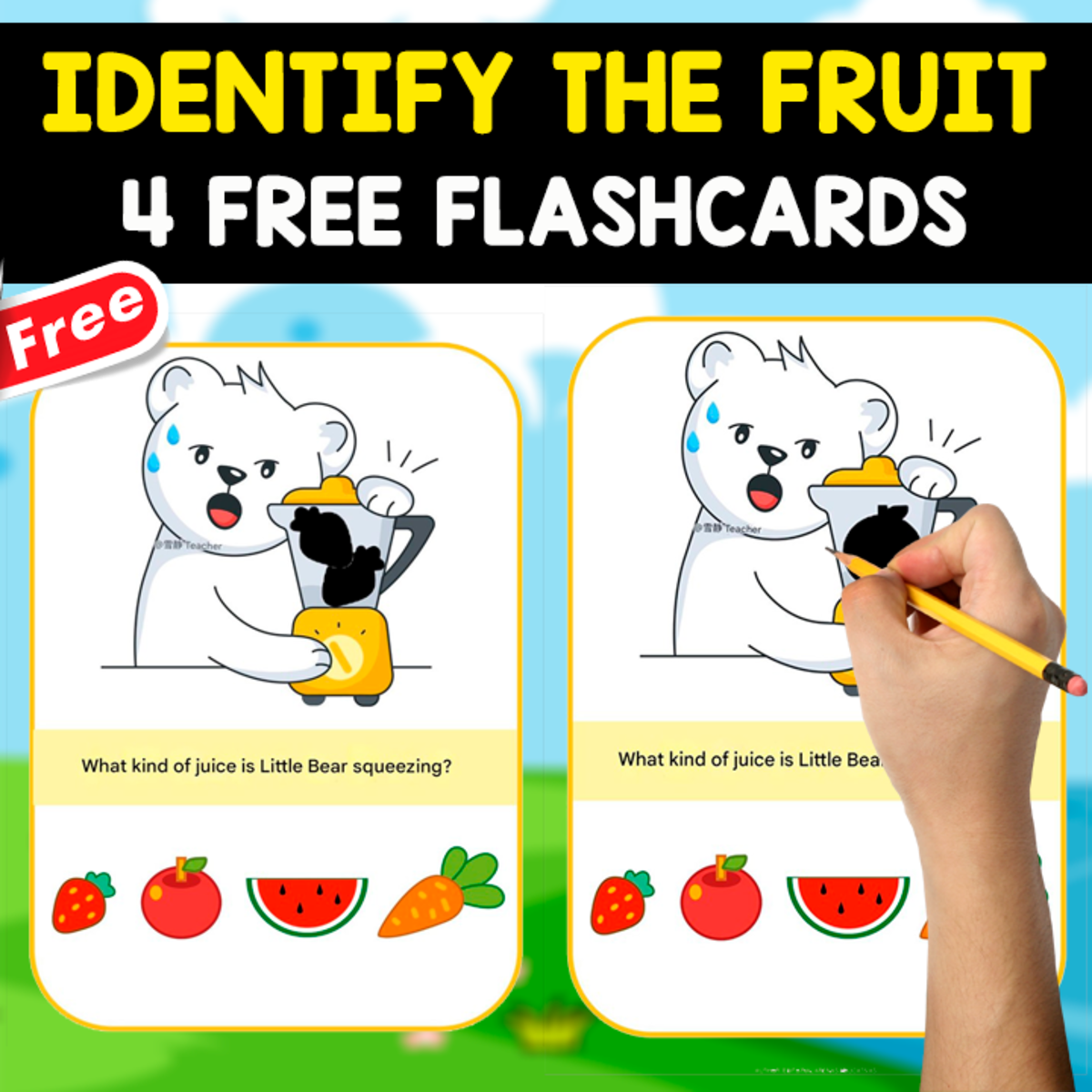 An educational teaching resource from EDITORIAL LAURA EDUCA entitled IDENTIFY THE FRUIT | 4 FREE FLASHCARDS downloadable at Teach Simple.