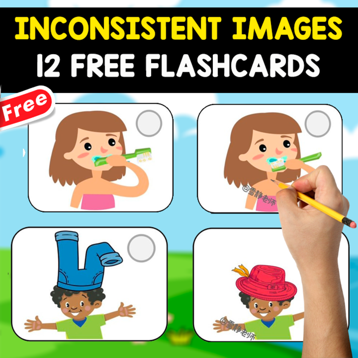 An educational teaching resource from EDITORIAL LAURA EDUCA entitled IDENTIFY THE INCONSISTENT IMAGE | 12 FREE FLASHCARDS downloadable at Teach Simple.