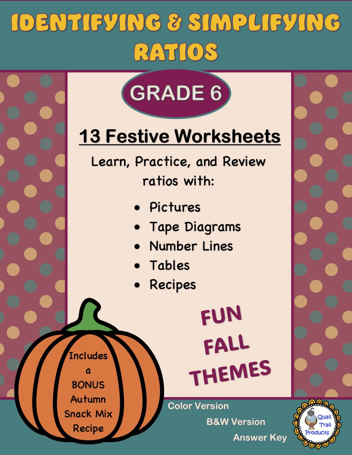An educational teaching resource from Quail Trail Products entitled Identifying and Simplifying Ratios Worksheets | Autumn Theme downloadable at Teach Simple.