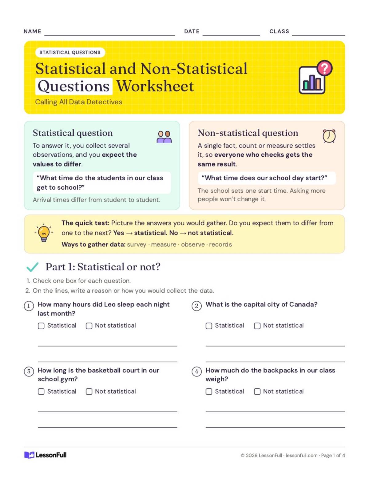 Statistical vs. Non-Statistical Questions – Grade 6 preview