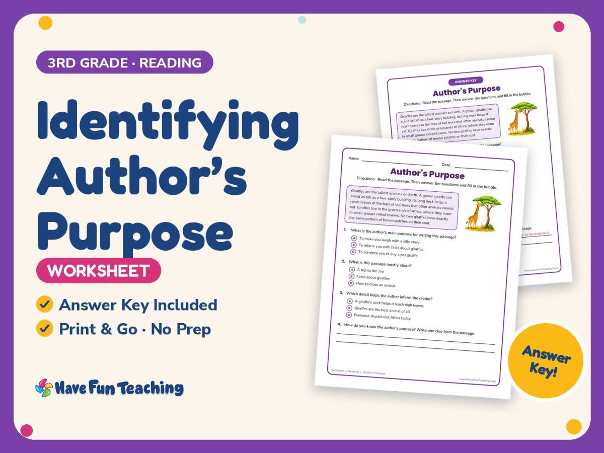 Identifying Author’s Purpose Worksheet – 3rd Grade Reading Practice preview