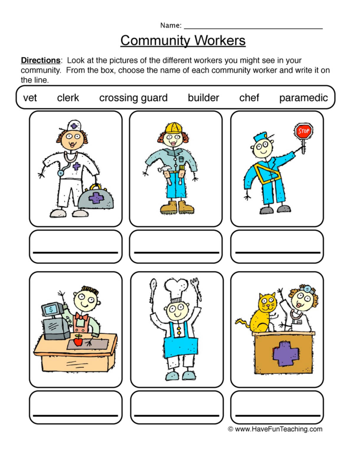 An educational teaching resource from Have Fun Teaching entitled Identifying Community Workers Worksheet downloadable at Teach Simple.