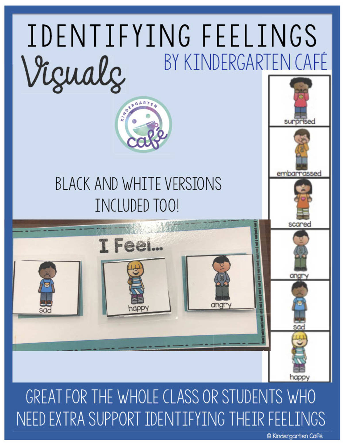 An educational teaching resource from Kindergarten Cafe entitled Identifying Feelings - Visual Student Cards downloadable at Teach Simple.