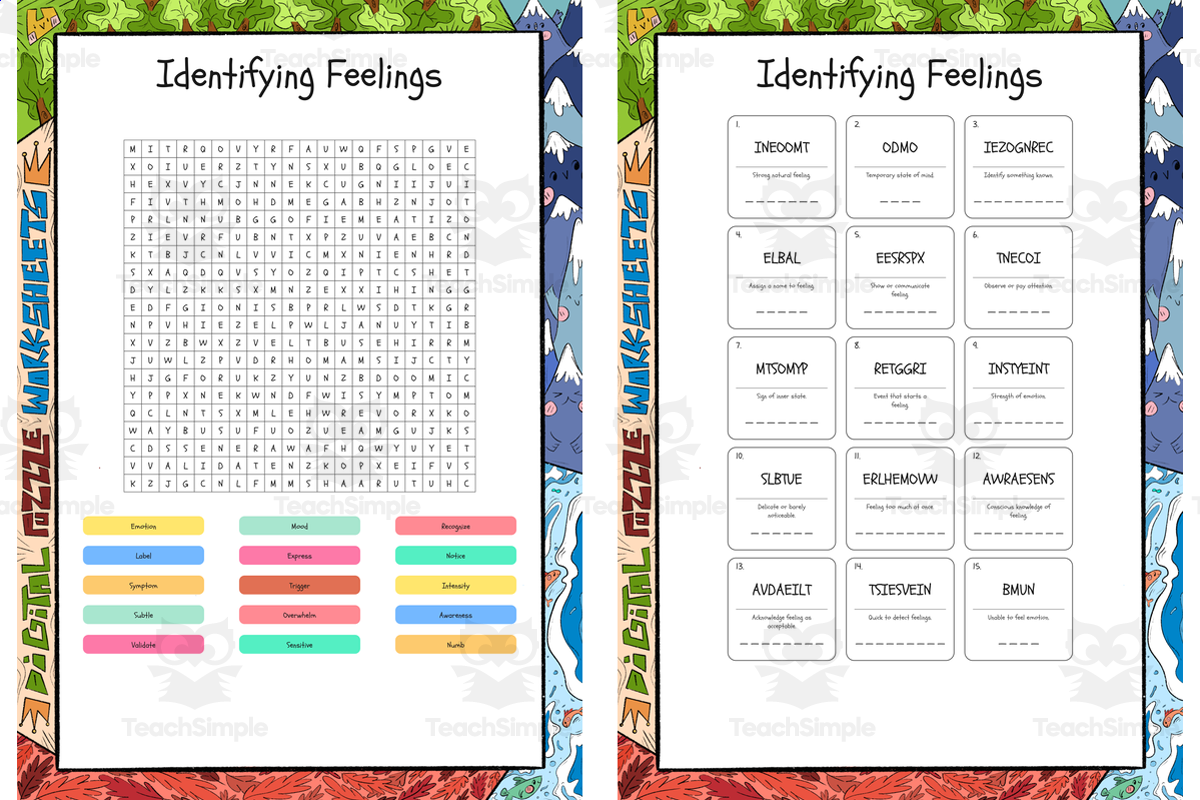 An educational teaching resource from Lapiiin Art Activities entitled Identifying Feelings word search, scramble and crossword puzzle downloadable at Teach Simple.