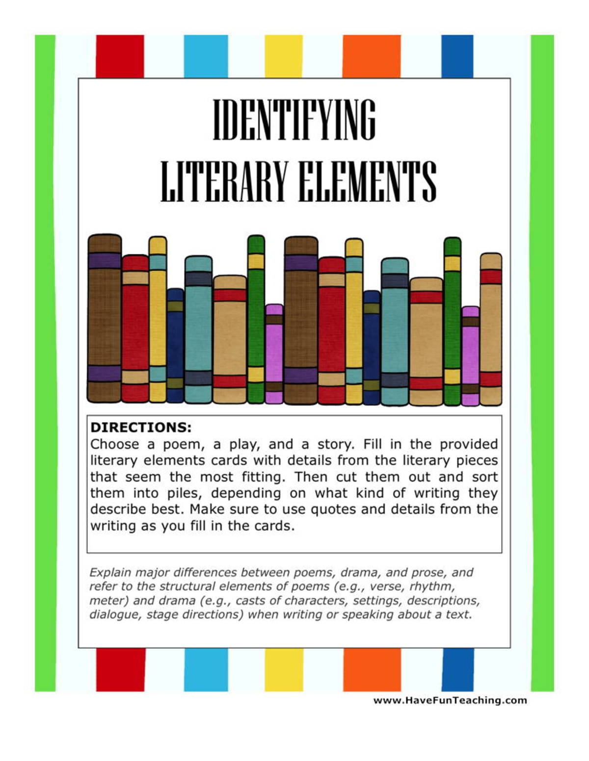 An educational teaching resource from Have Fun Teaching entitled Identifying Literary Elements Activity downloadable at Teach Simple.