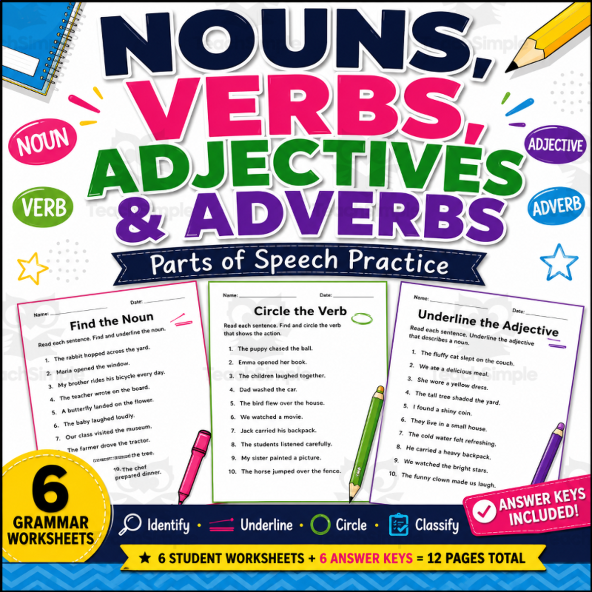 An educational teaching resource from Smart Learning Press entitled identifying nouns verbs and adjectives and adverbs in sentences downloadable at Teach Simple.