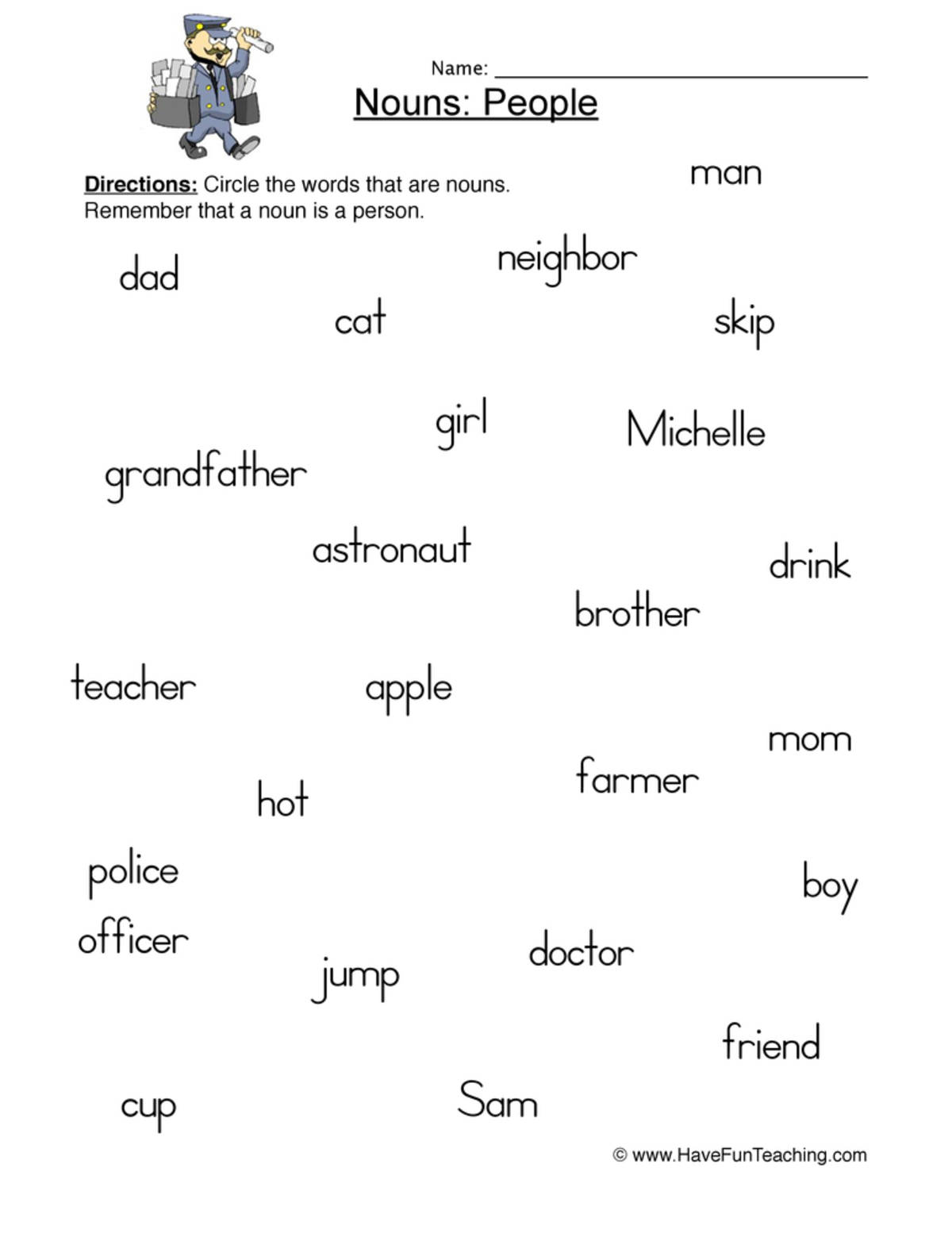 An educational teaching resource from Have Fun Teaching entitled Identifying People Nouns Worksheet downloadable at Teach Simple.