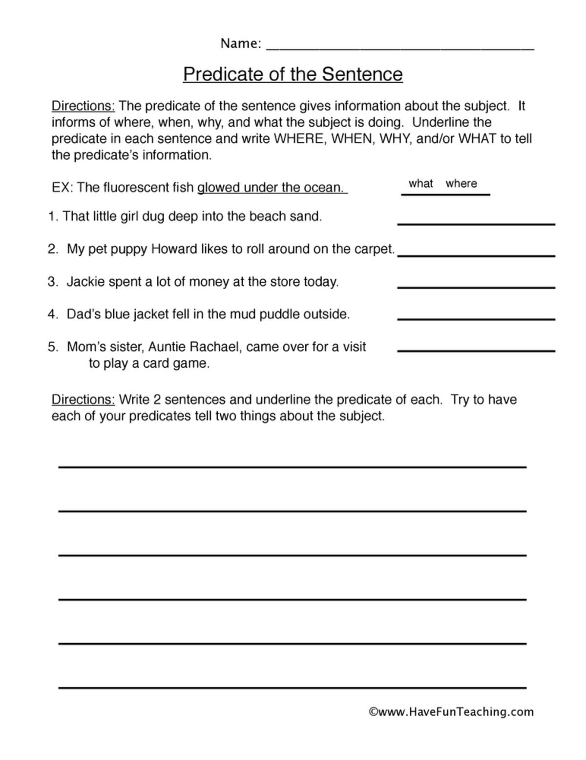 An educational teaching resource from Have Fun Teaching entitled Identifying Predicates Worksheet downloadable at Teach Simple.