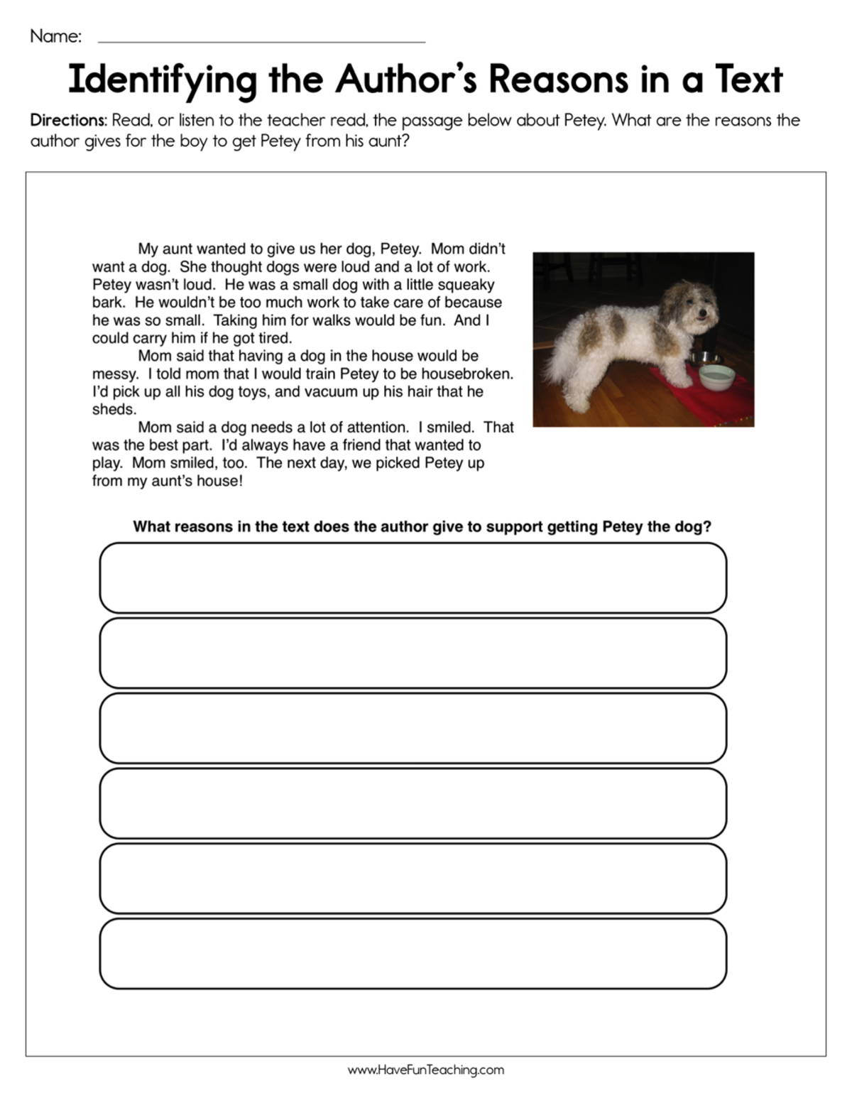 An educational teaching resource from Have Fun Teaching entitled Identifying the Author's Reasons in a Text Worksheet downloadable at Teach Simple.