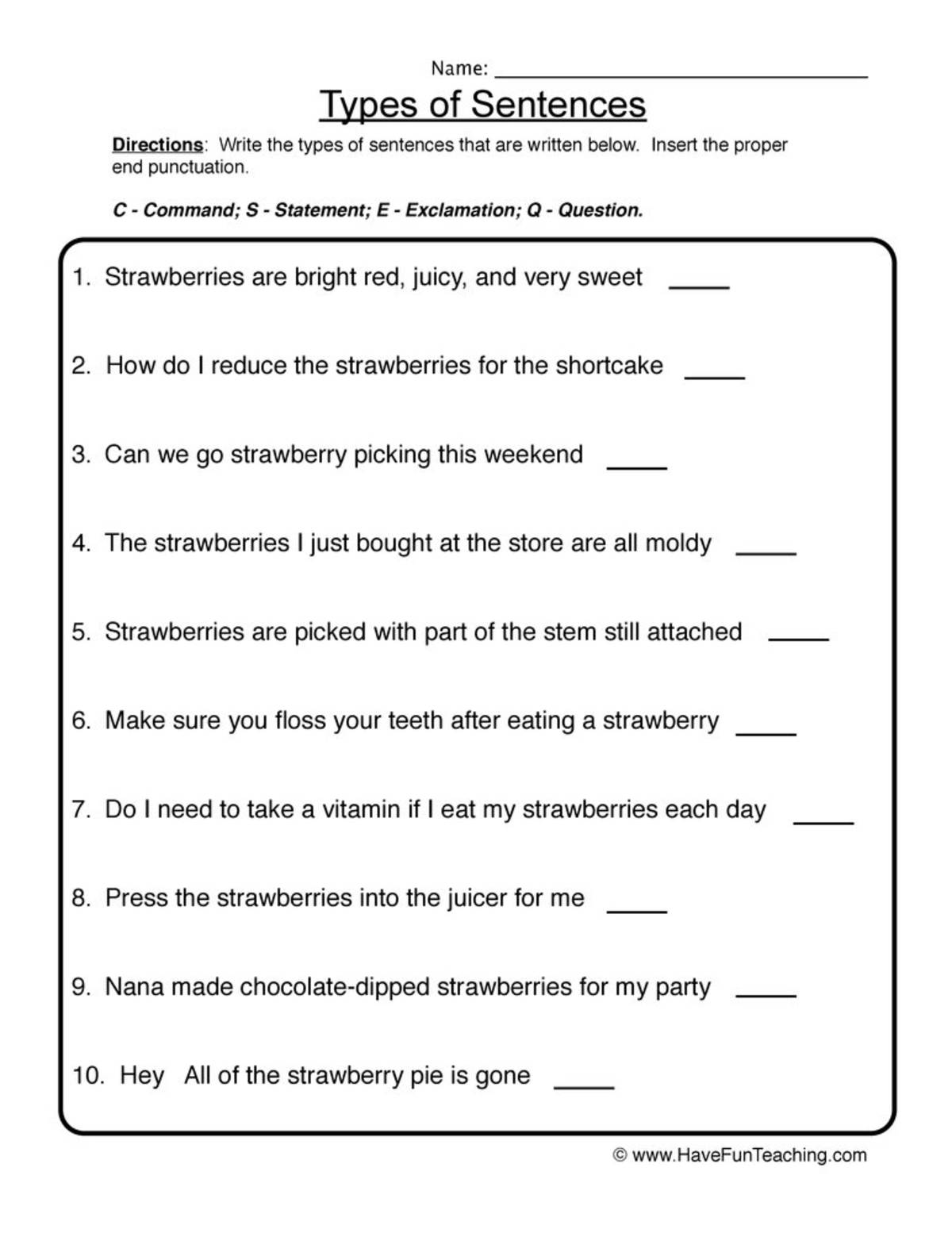 An educational teaching resource from Have Fun Teaching entitled Identifying Types of Sentences Worksheet downloadable at Teach Simple.