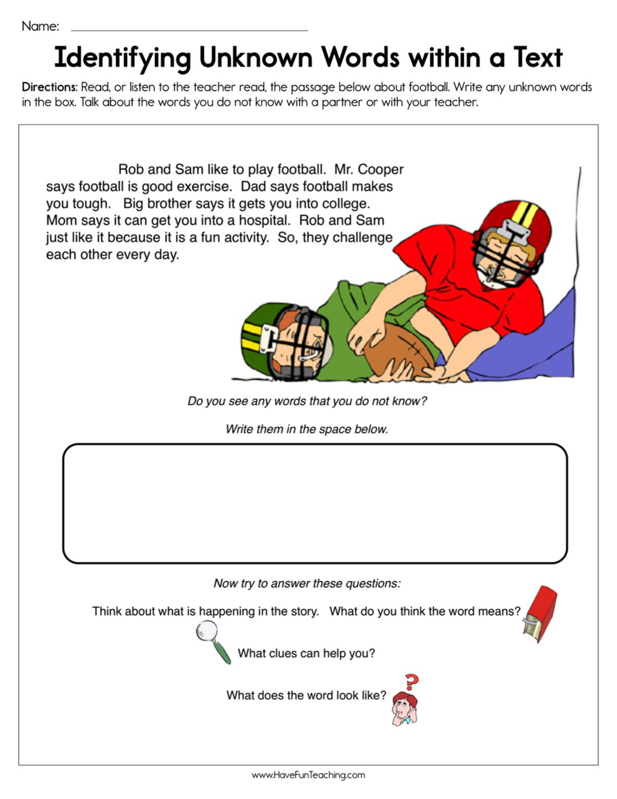 An educational teaching resource from Have Fun Teaching entitled Identifying Unknown Words in a Text Worksheet downloadable at Teach Simple.