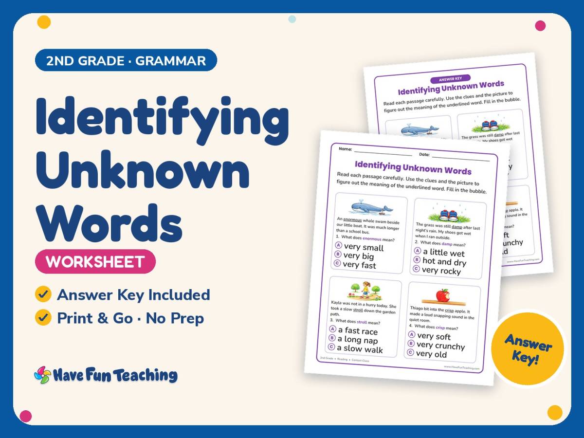 Identifying Unknown Words Worksheet – 2nd Grade Context Clues Practice preview