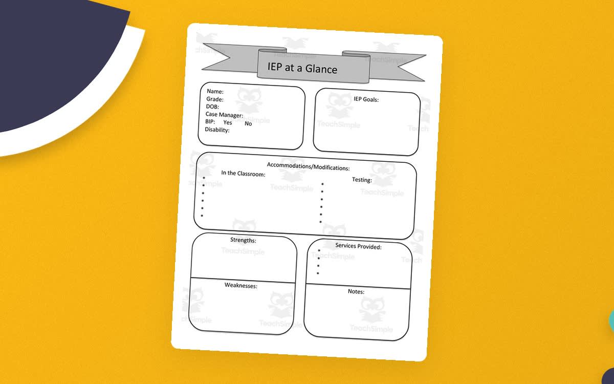 An educational teaching resource from Brook Creaser entitled IEP at a Glance Worksheet downloadable at Teach Simple.