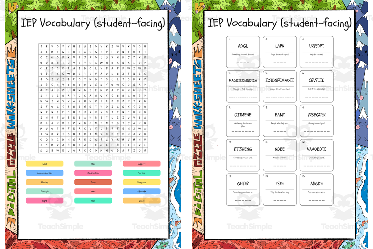 An educational teaching resource from Lapiiin Art Activities entitled IEP Vocabulary (student-facing) word search, scramble and crossword pu downloadable at Teach Simple.