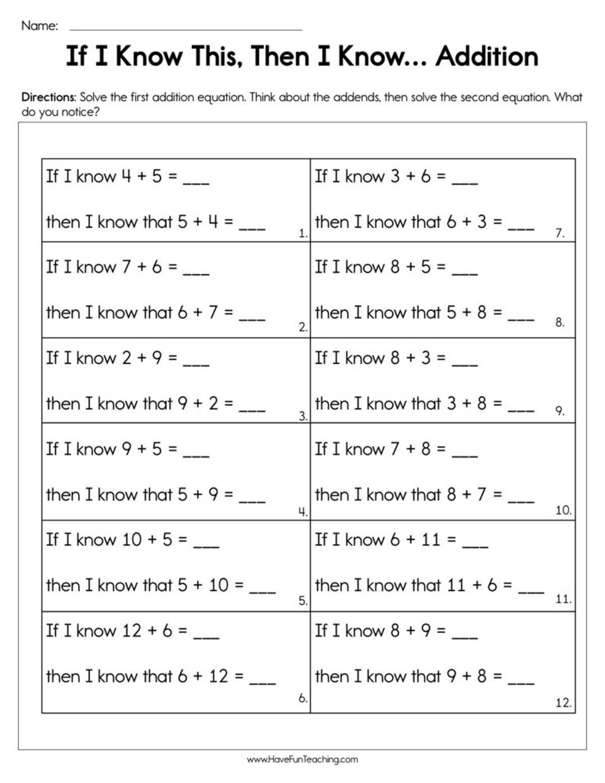 An educational teaching resource from Have Fun Teaching entitled If I Know This Then I Know Addition Worksheet downloadable at Teach Simple.