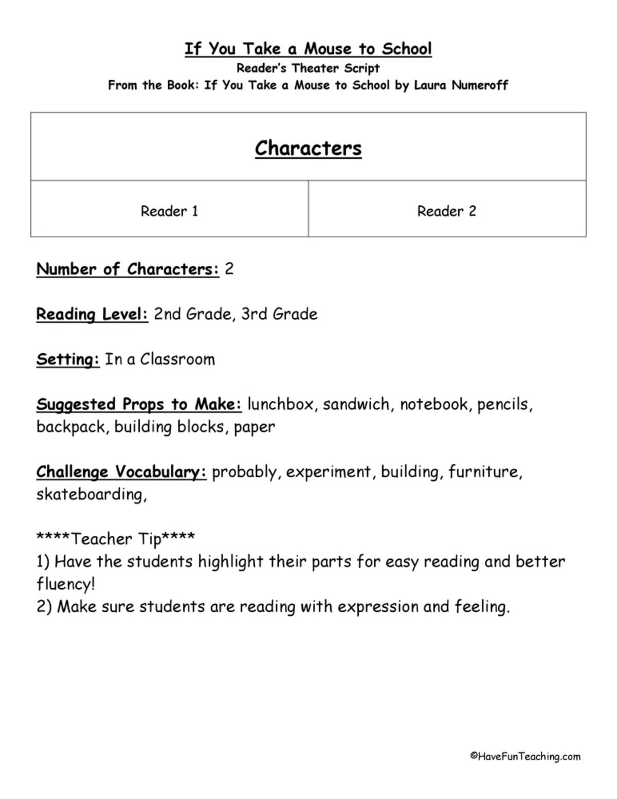 An educational teaching resource from Have Fun Teaching entitled If You Take A Mouse To School Reader's Theater downloadable at Teach Simple.