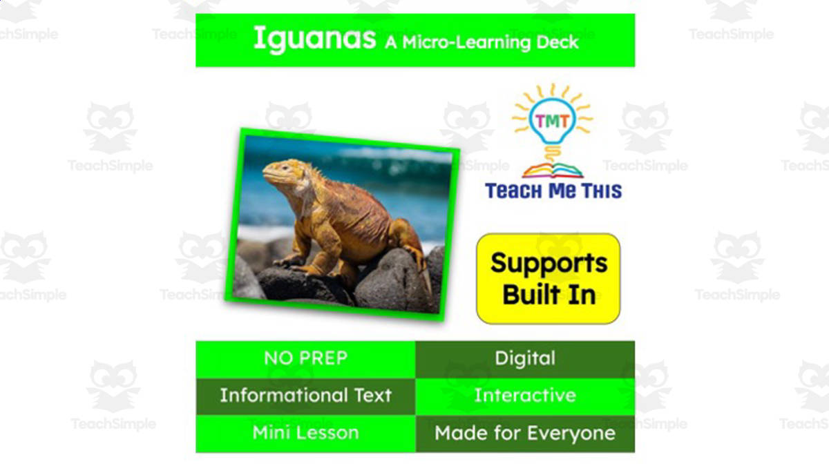 An educational teaching resource from Teach Me This entitled Iguanas | Interactive Science Lesson | Micro-Learning Deck downloadable at Teach Simple.