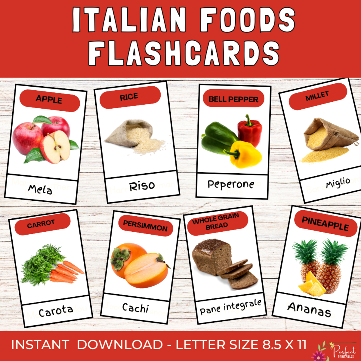 An educational teaching resource from Perfect_Printables entitled IL CIBO IN ITALIAN - Italian Flashcards | Bilingual Italian Flashcards downloadable at Teach Simple.